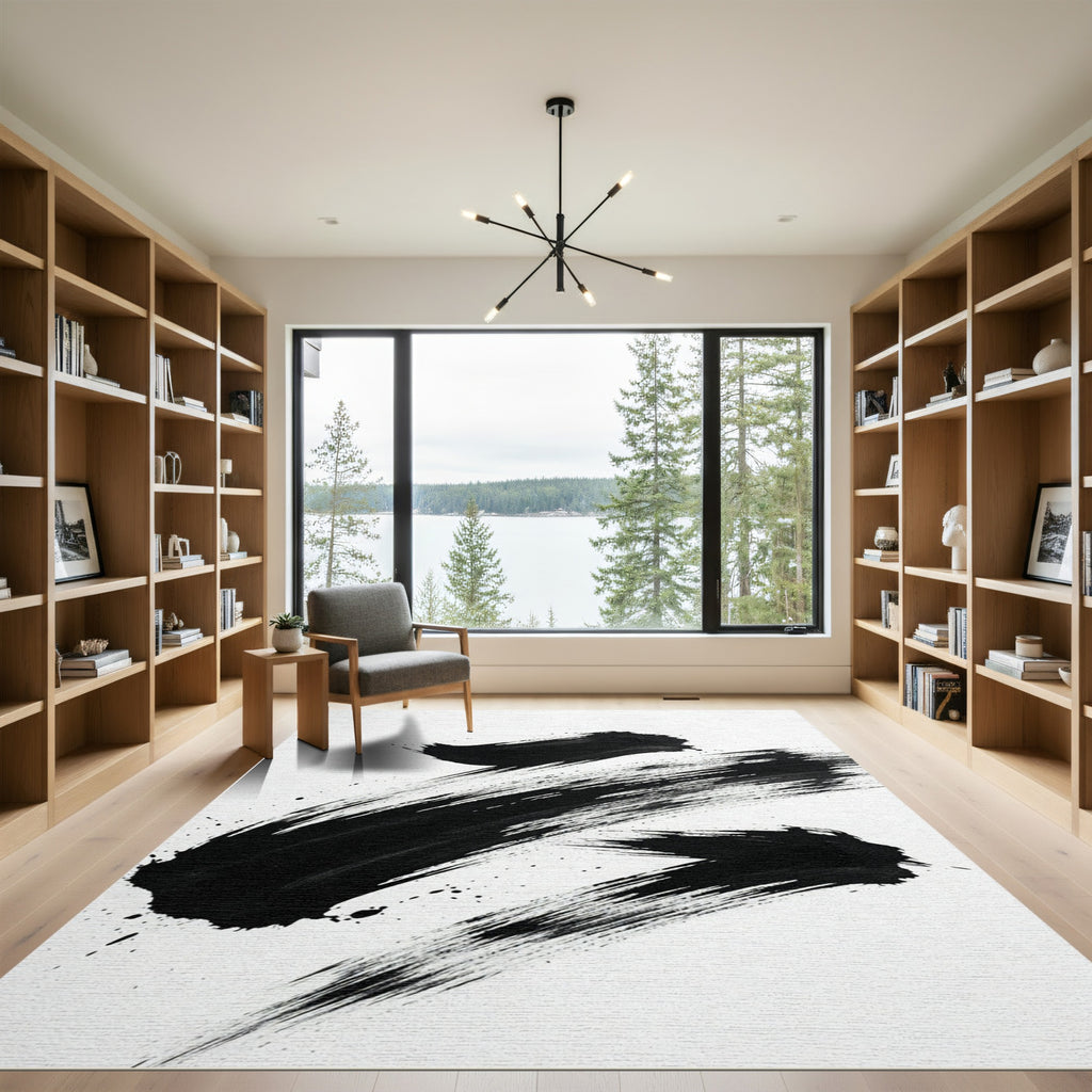 Minimalist Black Ink Brush Stroke Rug