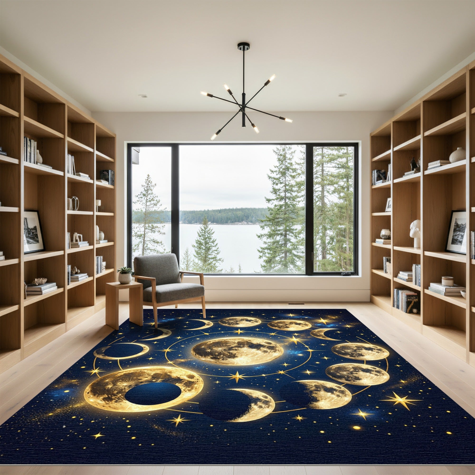 Celestial Moon Phase Golden Night Sky Rug