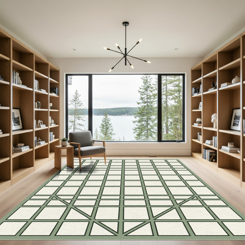 Sage Green Geometric Grid Line Art Rug