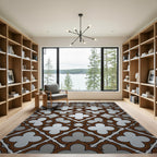 Elegant Brown Quatrefoil Geometric Grille Rug