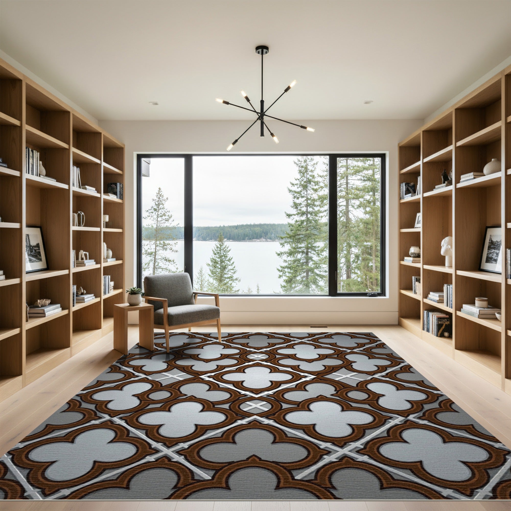 Elegant Brown Quatrefoil Geometric Grille Rug