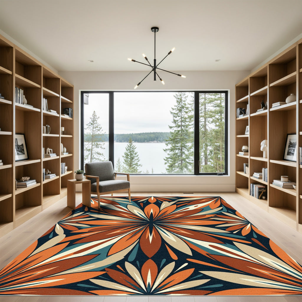Retro Terracotta Floral Burst Art Rug