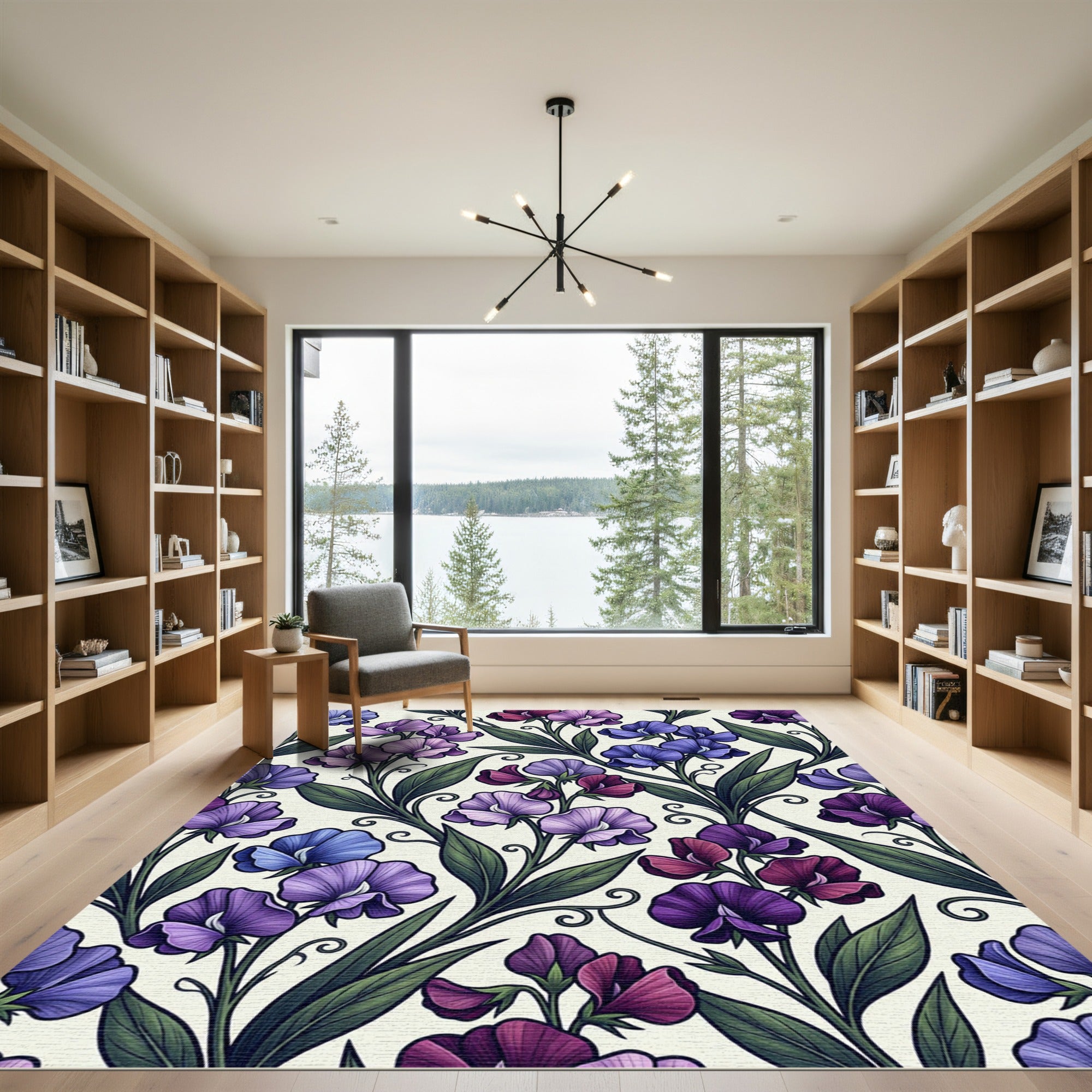 Purple Sweet Pea Chintz Botanical Illustration Rug