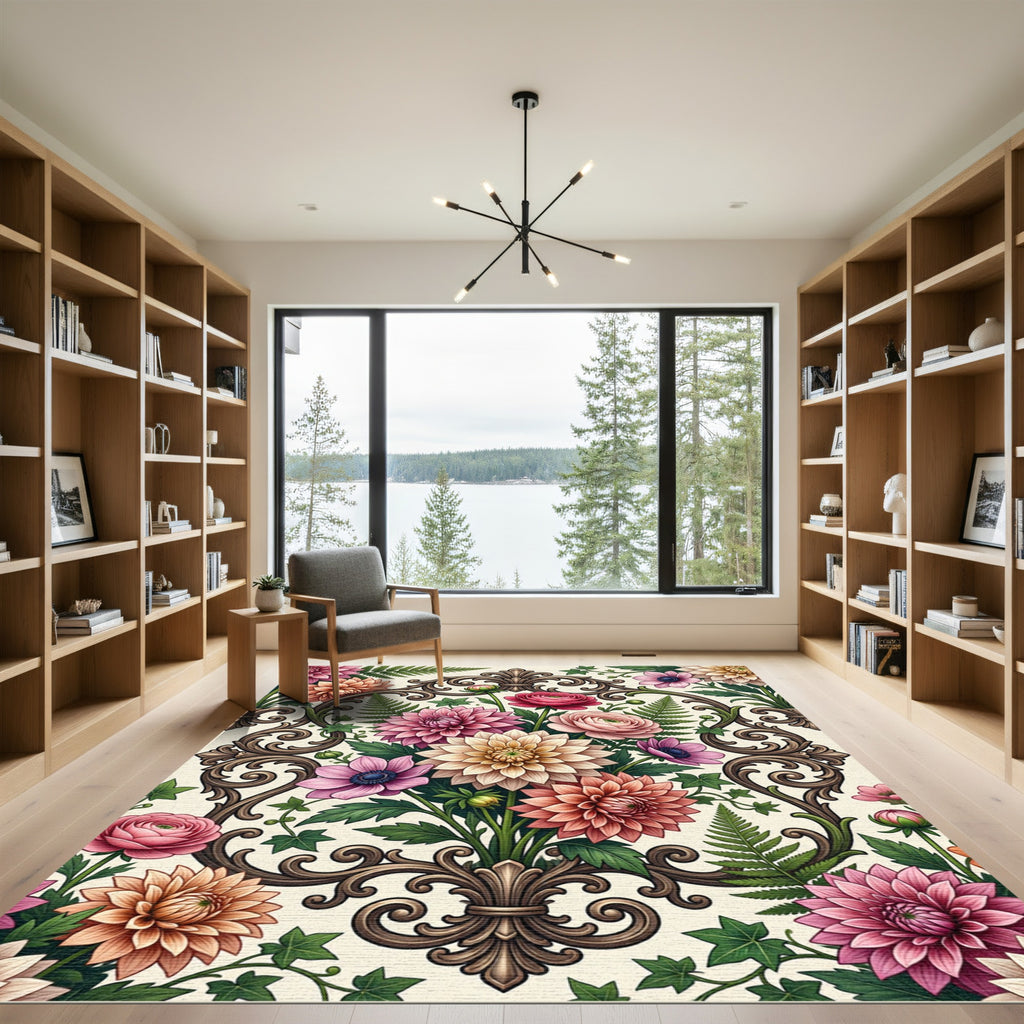 Vintage Floral Scrollwork Botanical Arrangement Rug