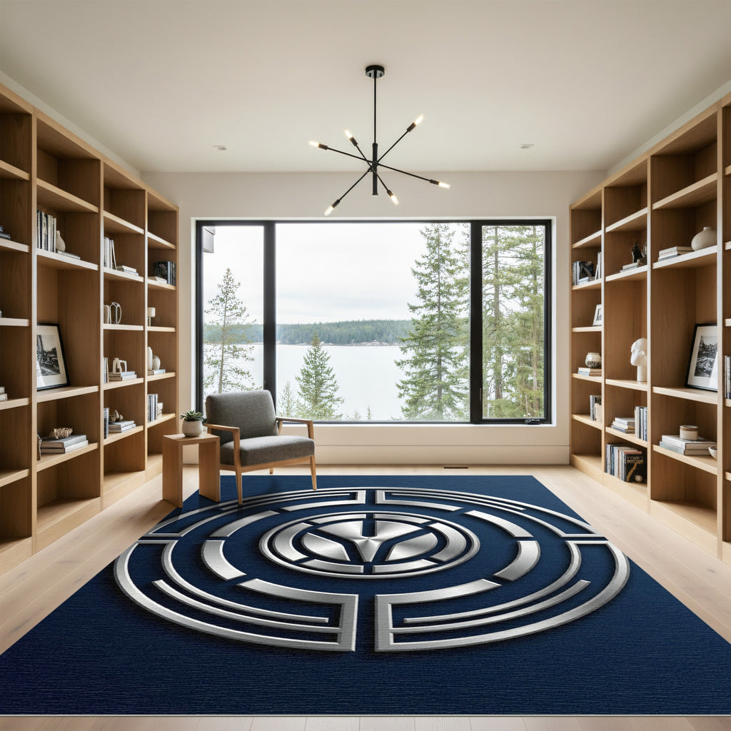 Metallic Silver Circular Geometric Navy Base Rug
