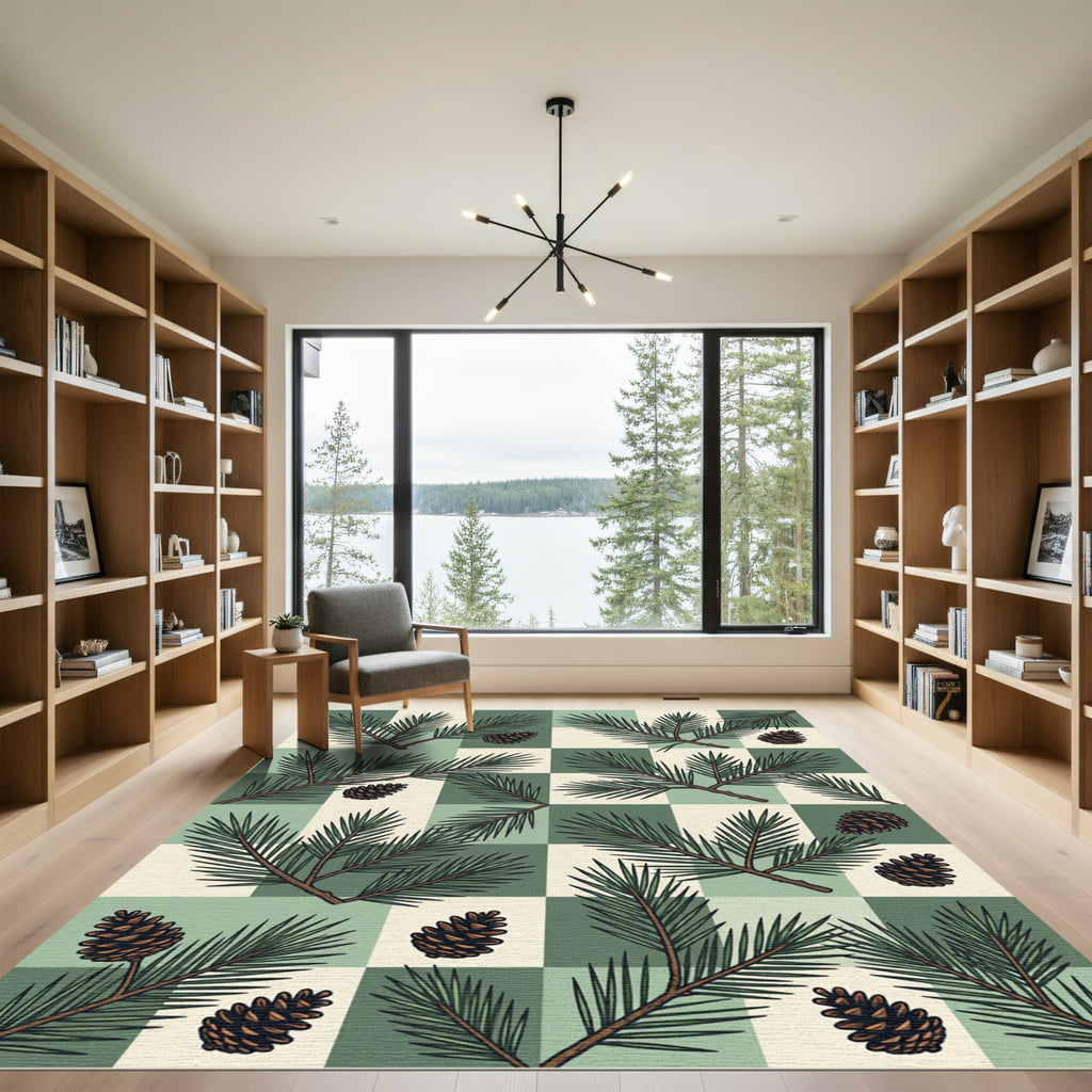Sage Green Checkerboard Pine Cone Rug