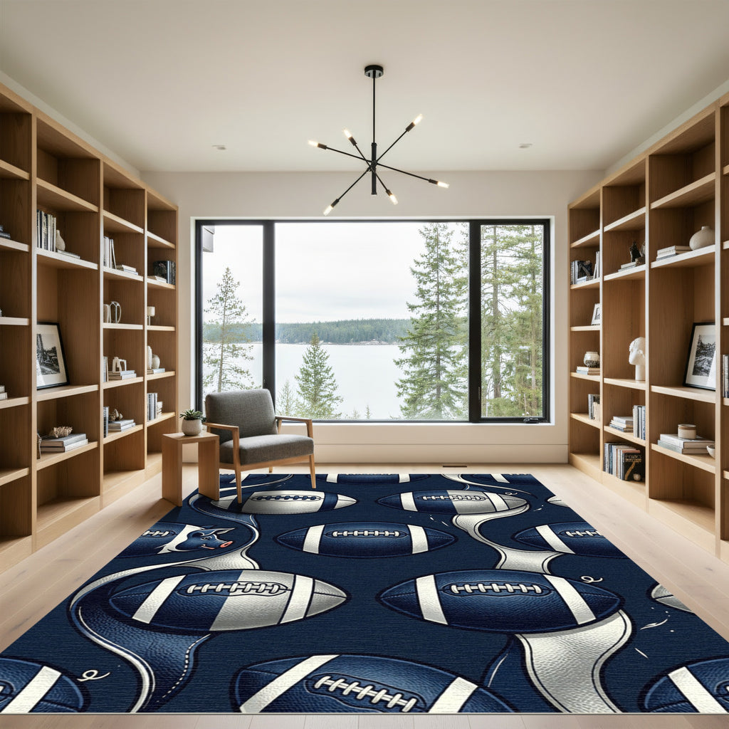 Navy Blue Pigskin Football Grid Rug
