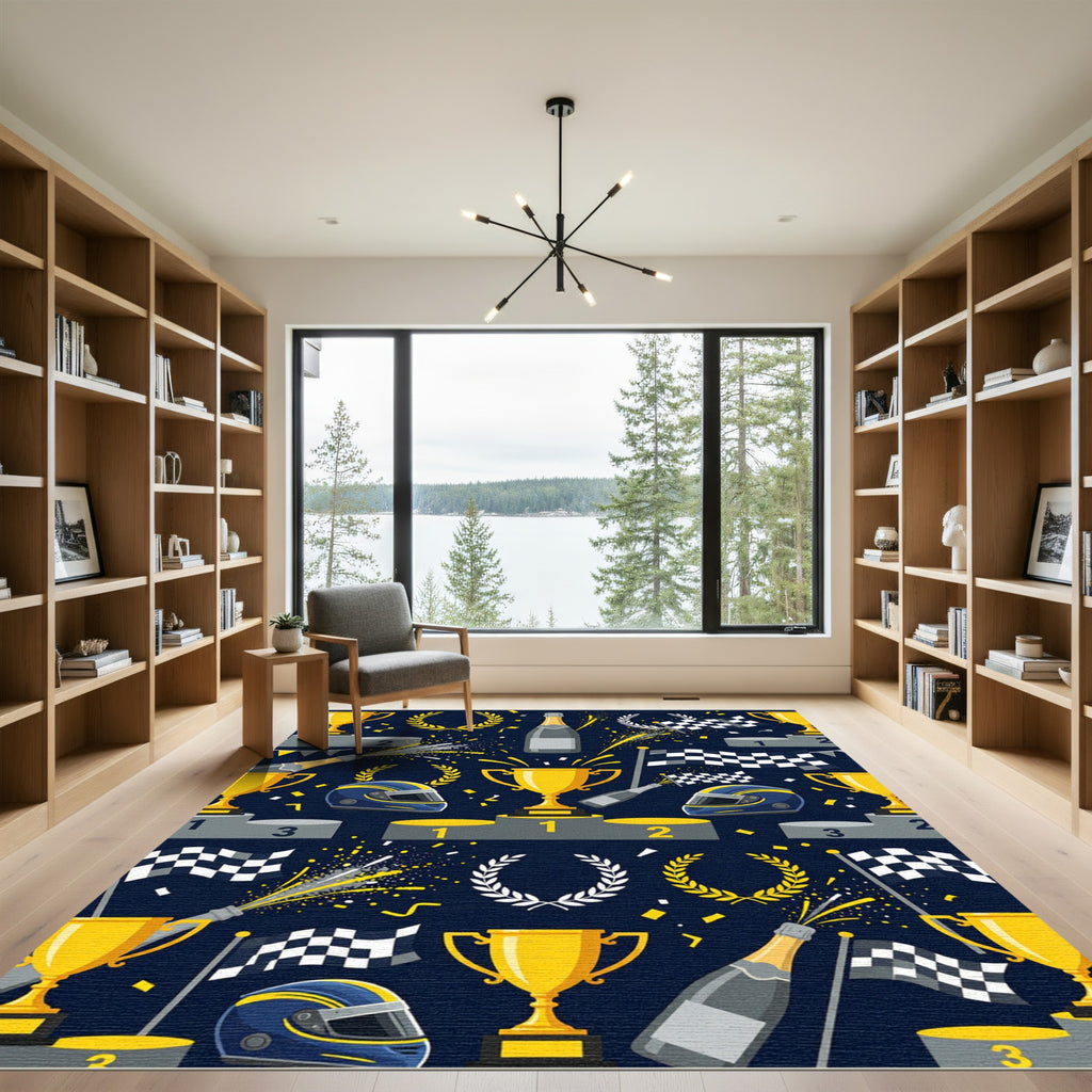Racing Victory Trophy Celebration Navy Background Rug