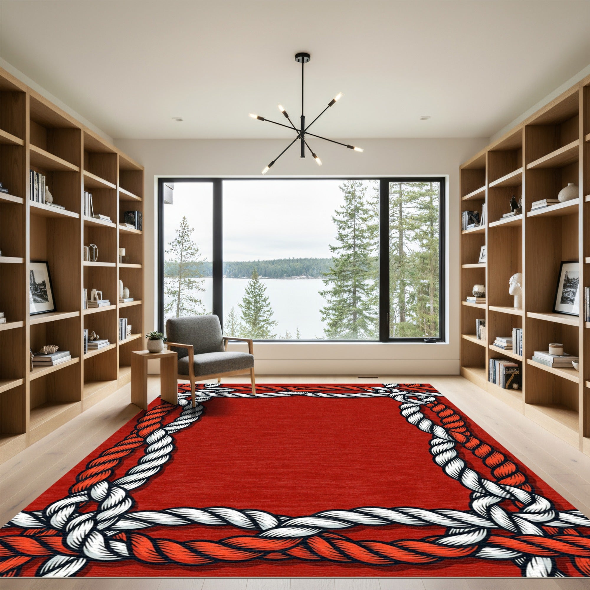 Red White Braided Rope Border Rug