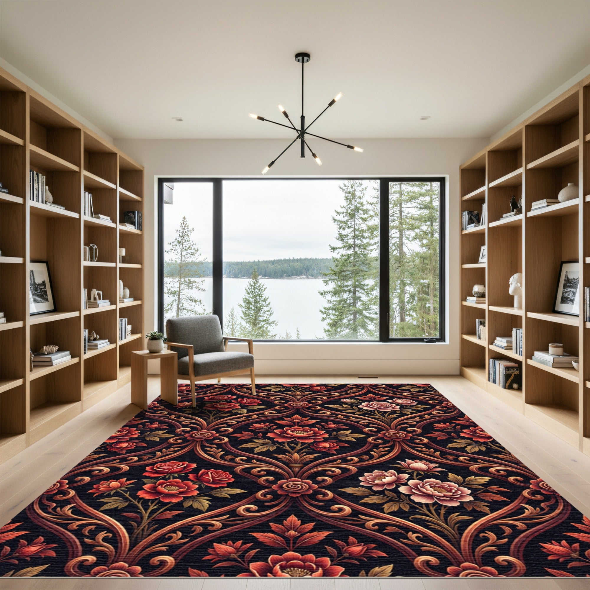 Rich Red Floral Damask Ornament Rug