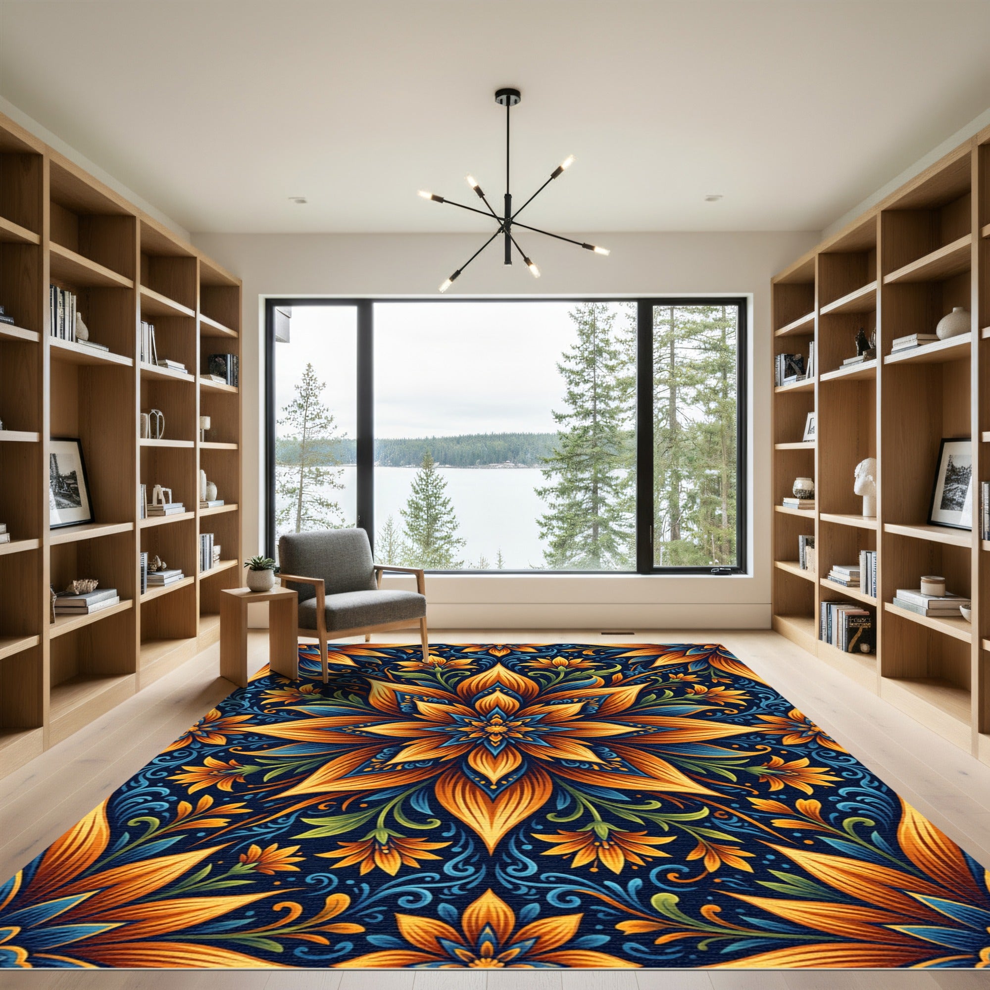 Radiant Golden Blue Floral Mandala Rug