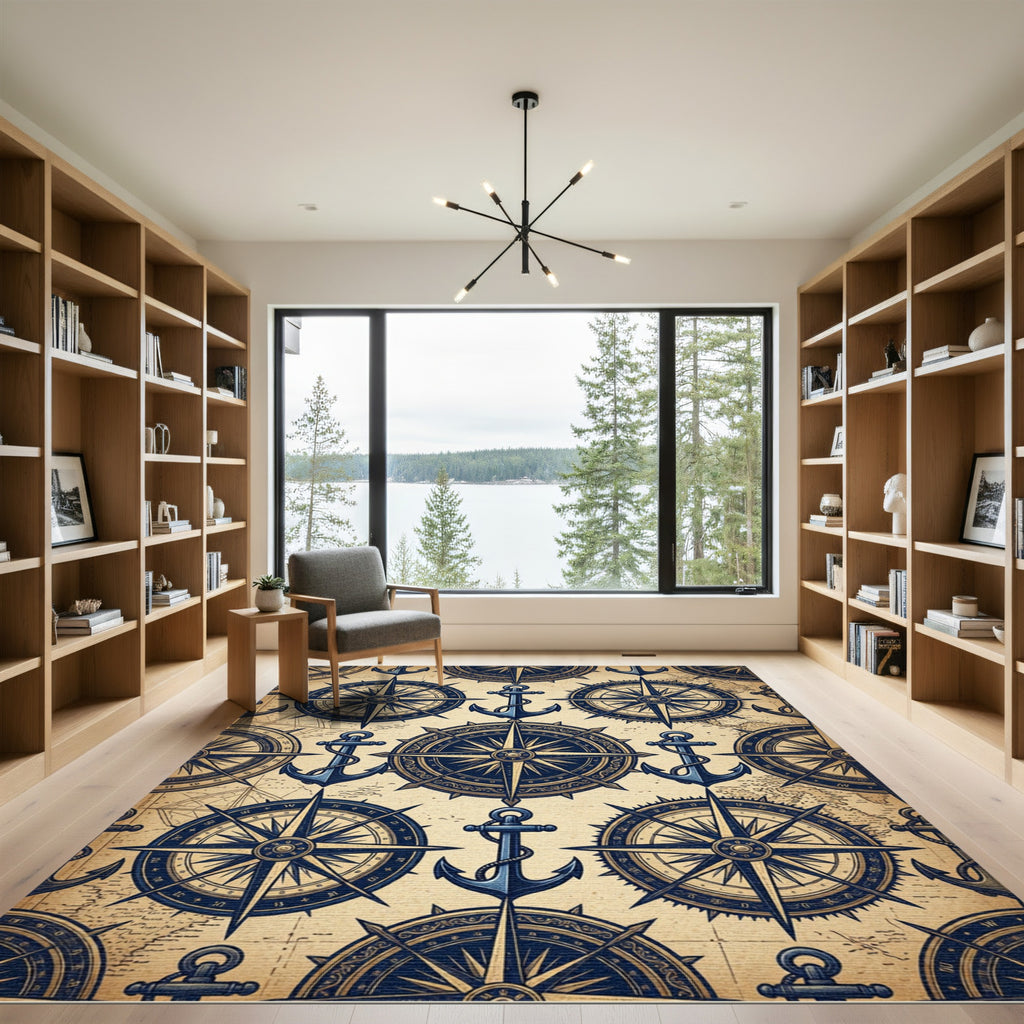 Vintage Nautical Compass and Anchor Map Rug