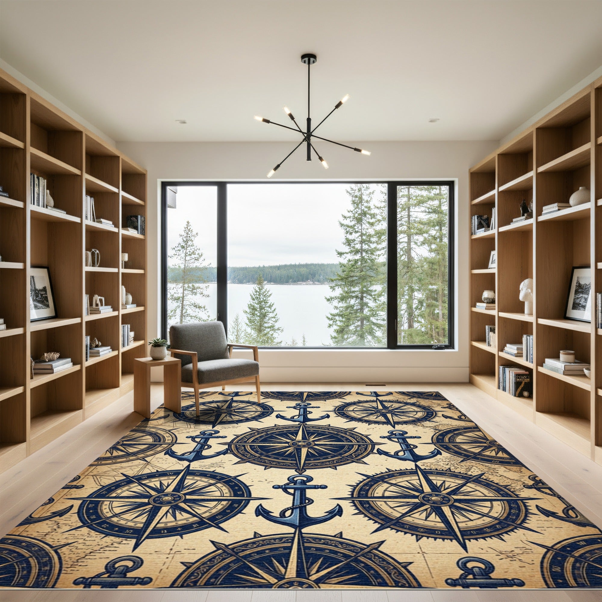 Vintage Nautical Compass and Anchor Map Rug