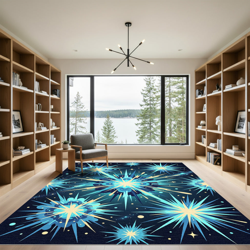 Exploding Cyan Starburst Cosmic Blast Rug