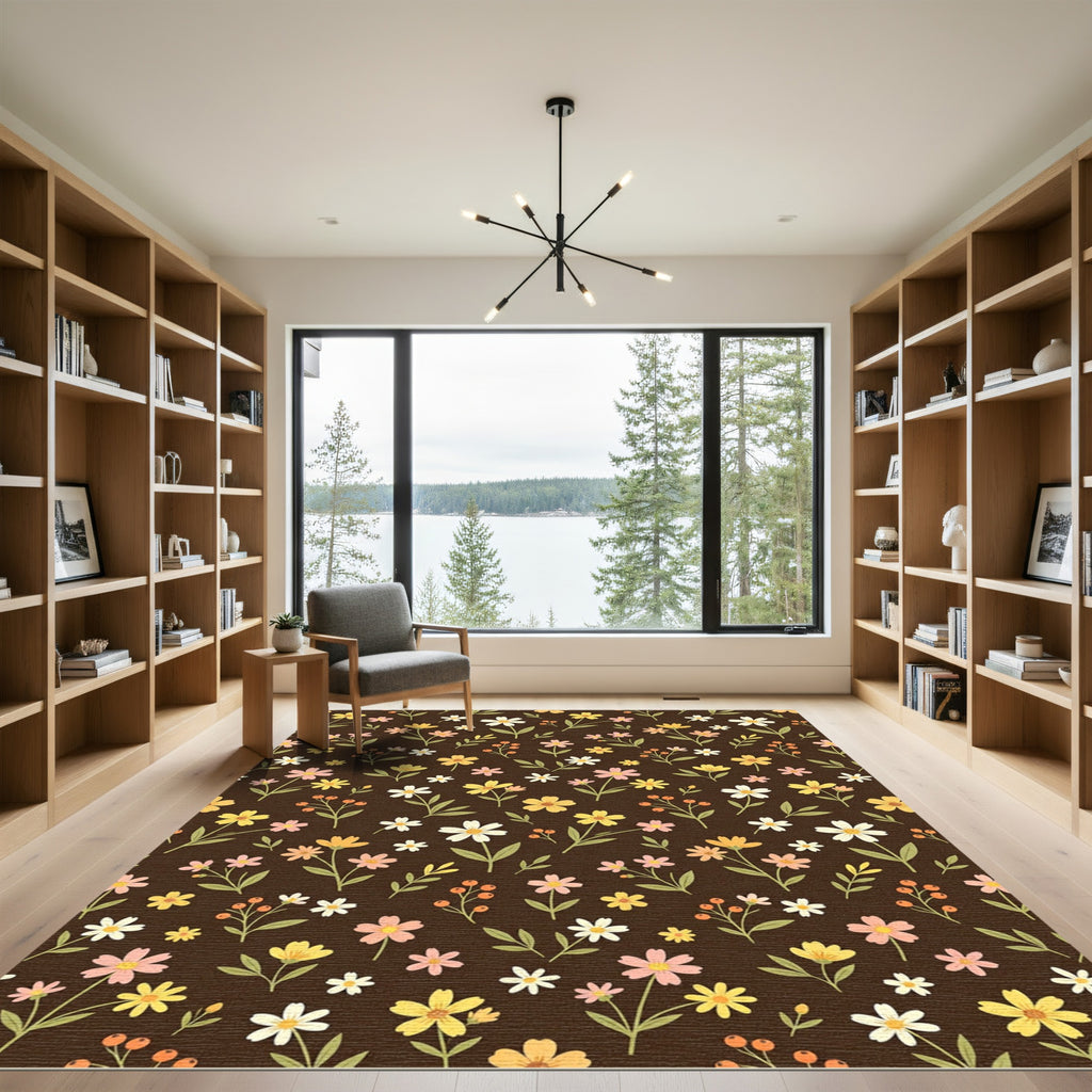 Brown Earthy Floral Meadow Garden Rug