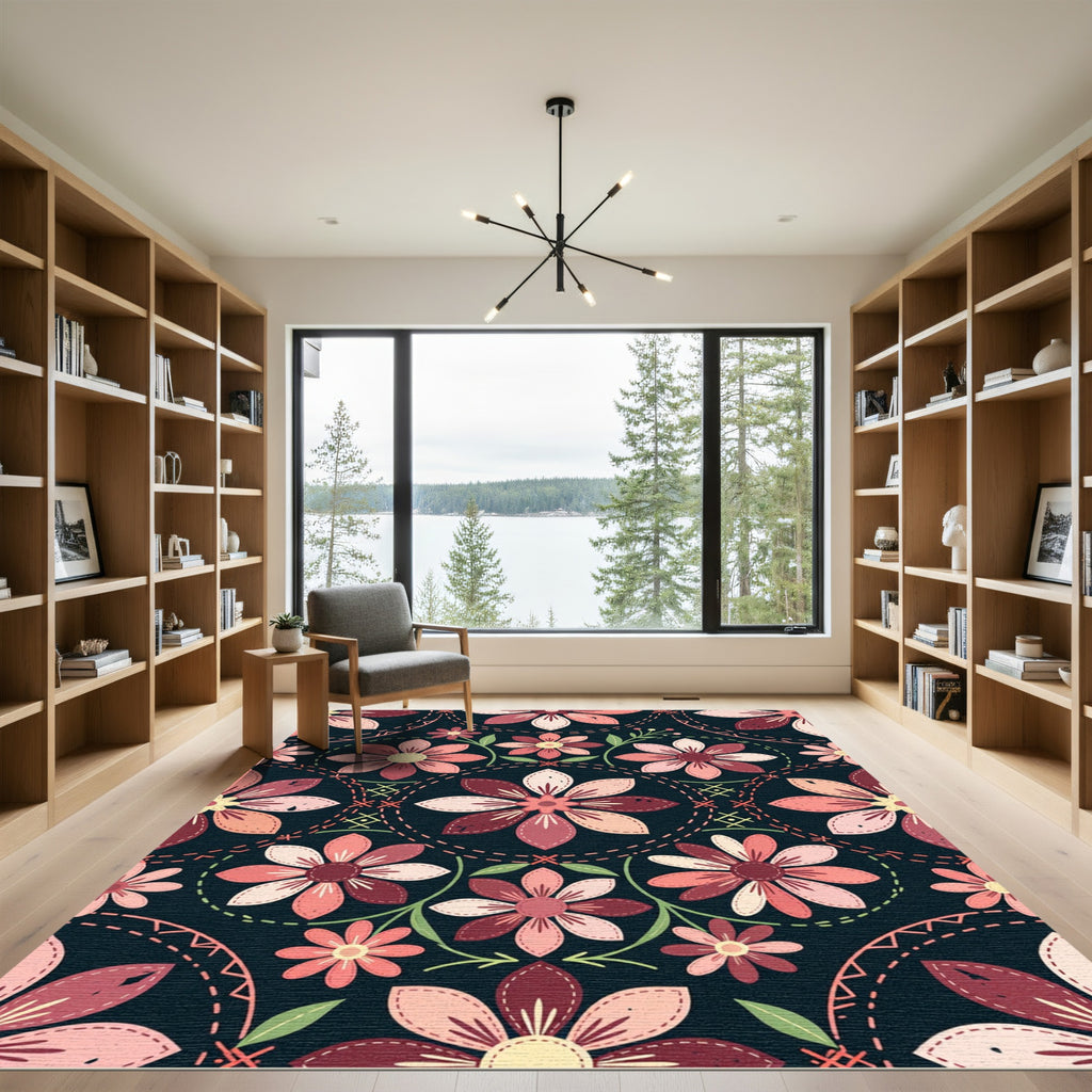Dark Navy Blush Pink Floral Folk Rug