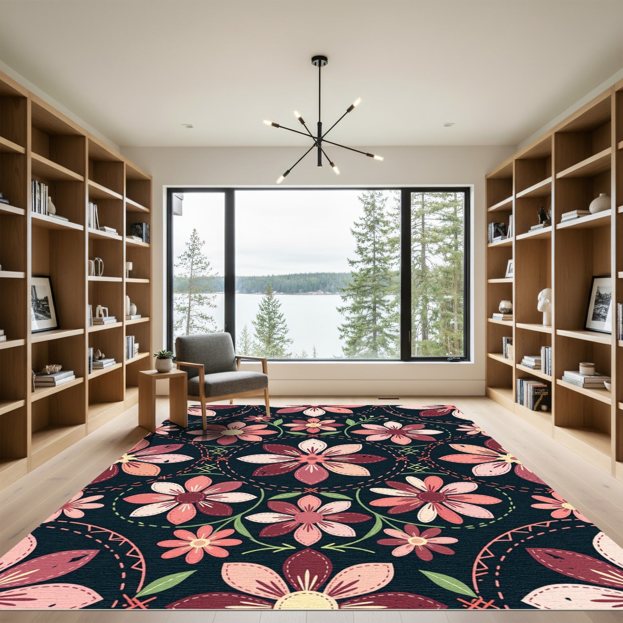 Dark Navy Blush Pink Floral Folk Rug