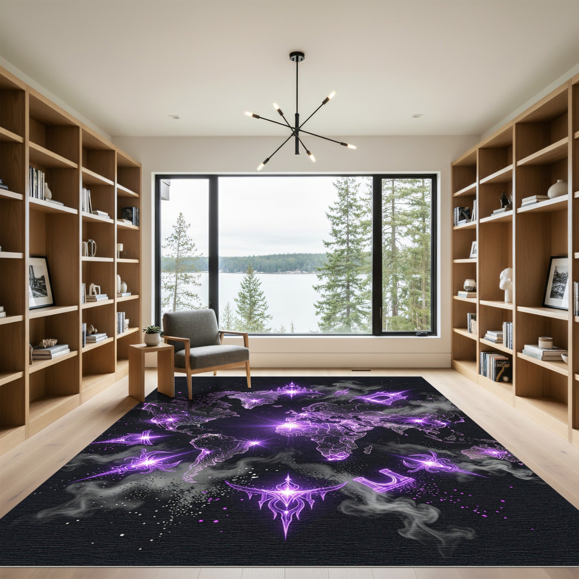 Glowing Cosmic Purple World Map Nebula Rug