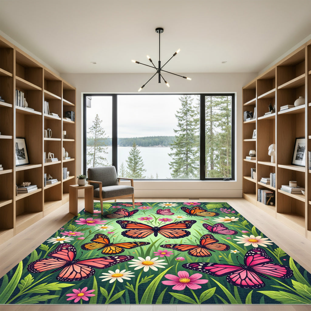 Vibrant Monarch Butterflies Amidst Flowers Rug