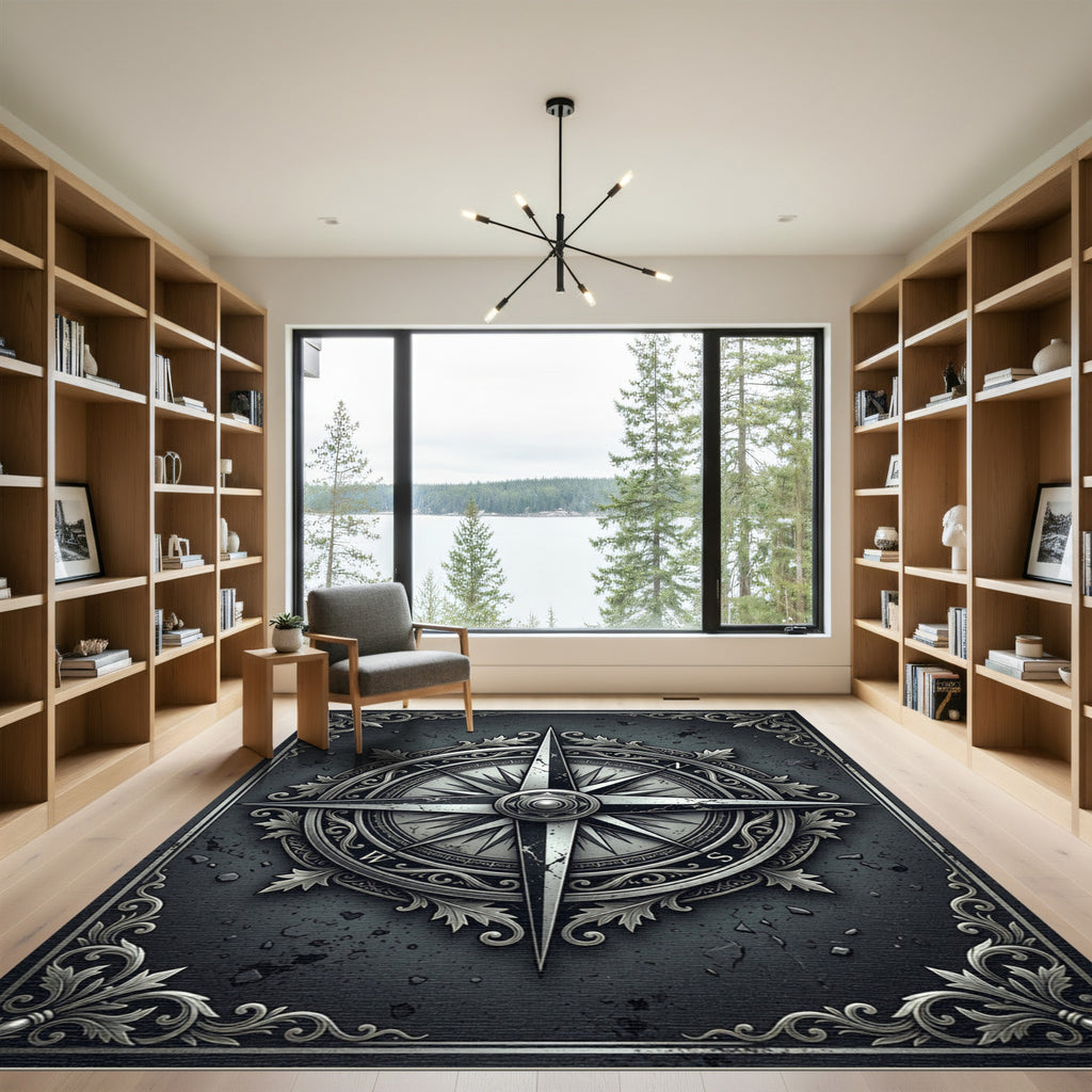 Vintage Silver Nautical Compass Medallion Rug