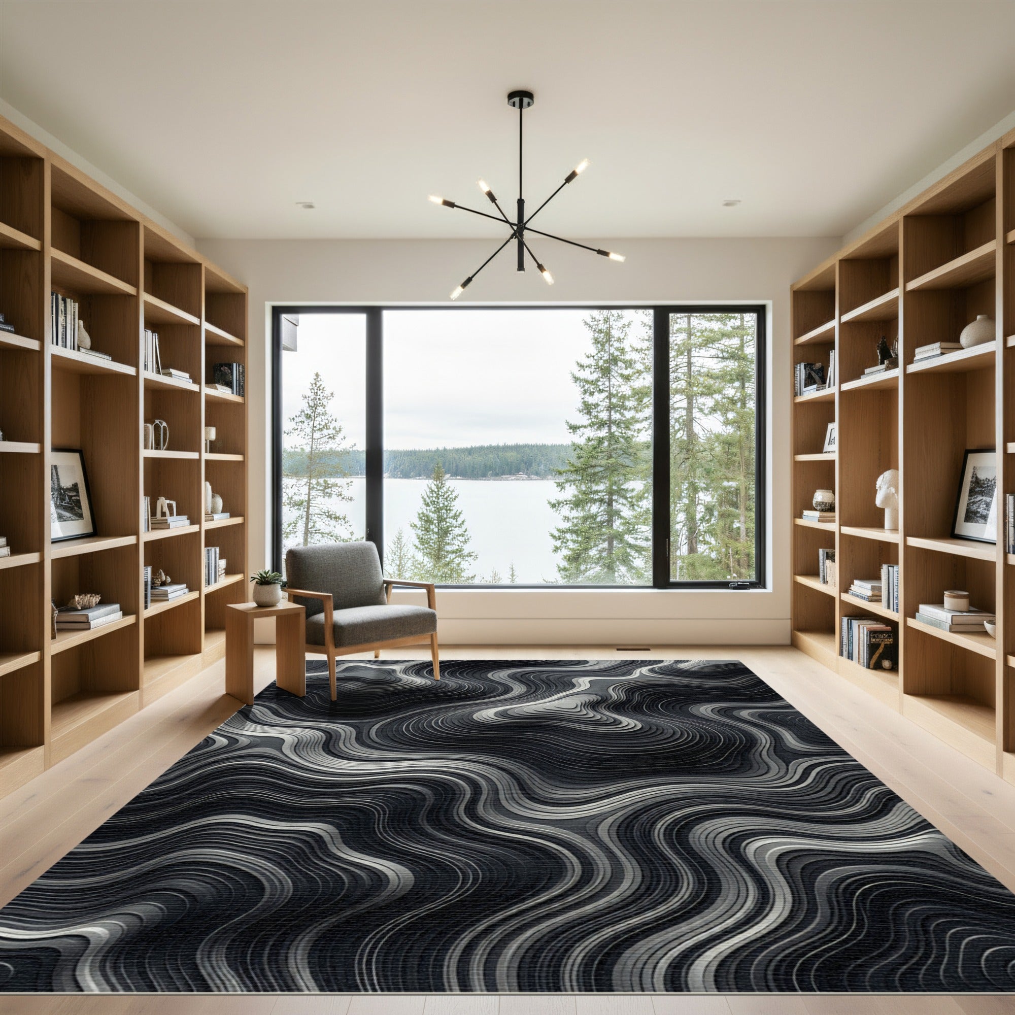 Monochrome Abstract Wavy Contour Rug