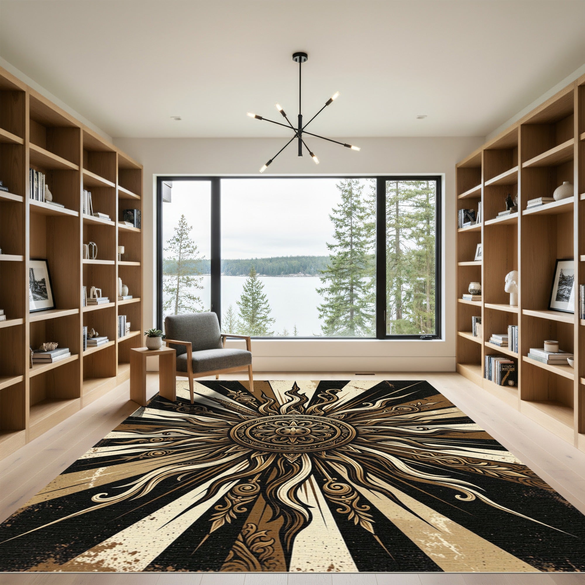 Radiant Gold Sunburst Abstract Medallion Rug