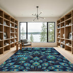 Peacock Feather Emerald Blue Gold Art Deco Rug
