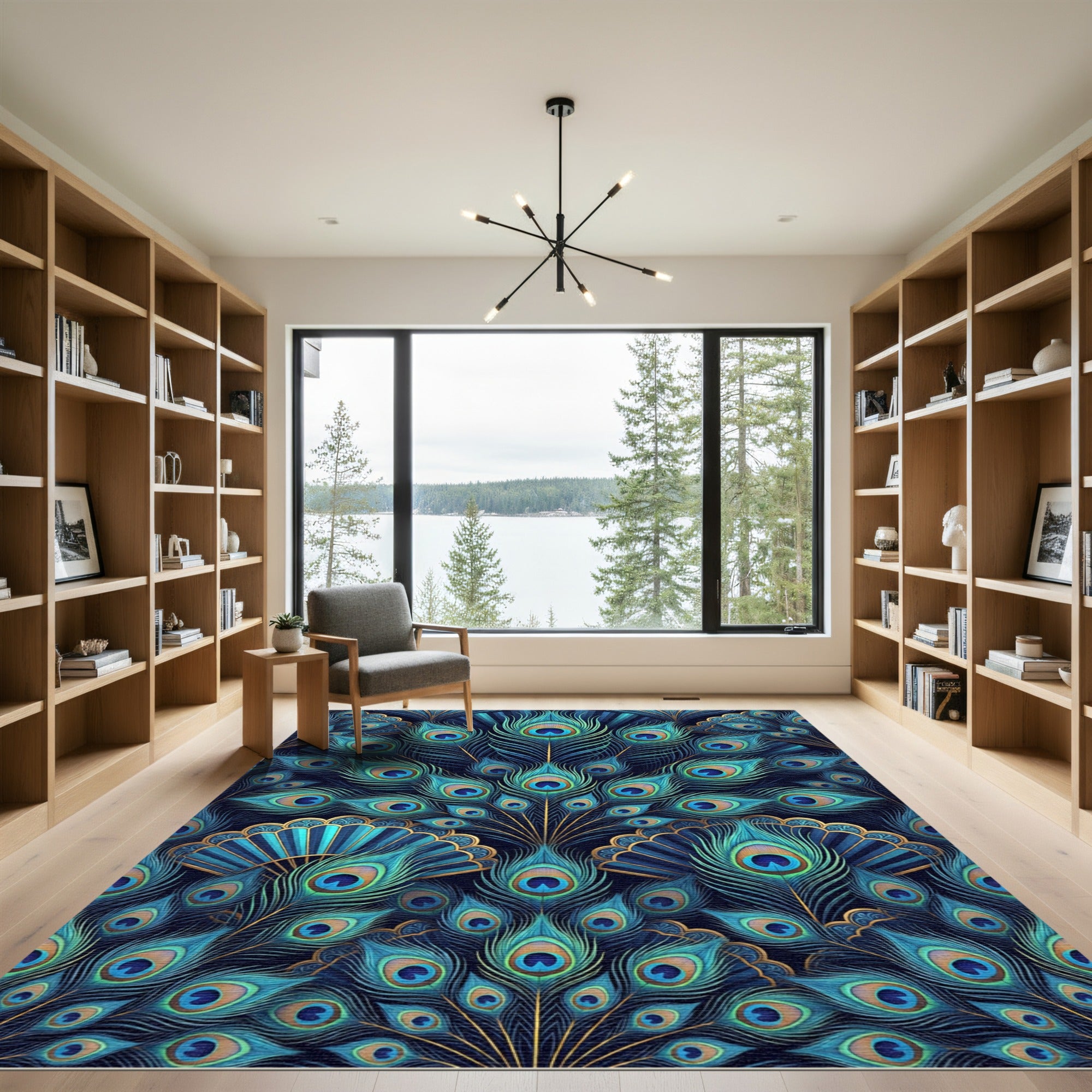 Peacock Feather Emerald Blue Gold Art Deco Rug