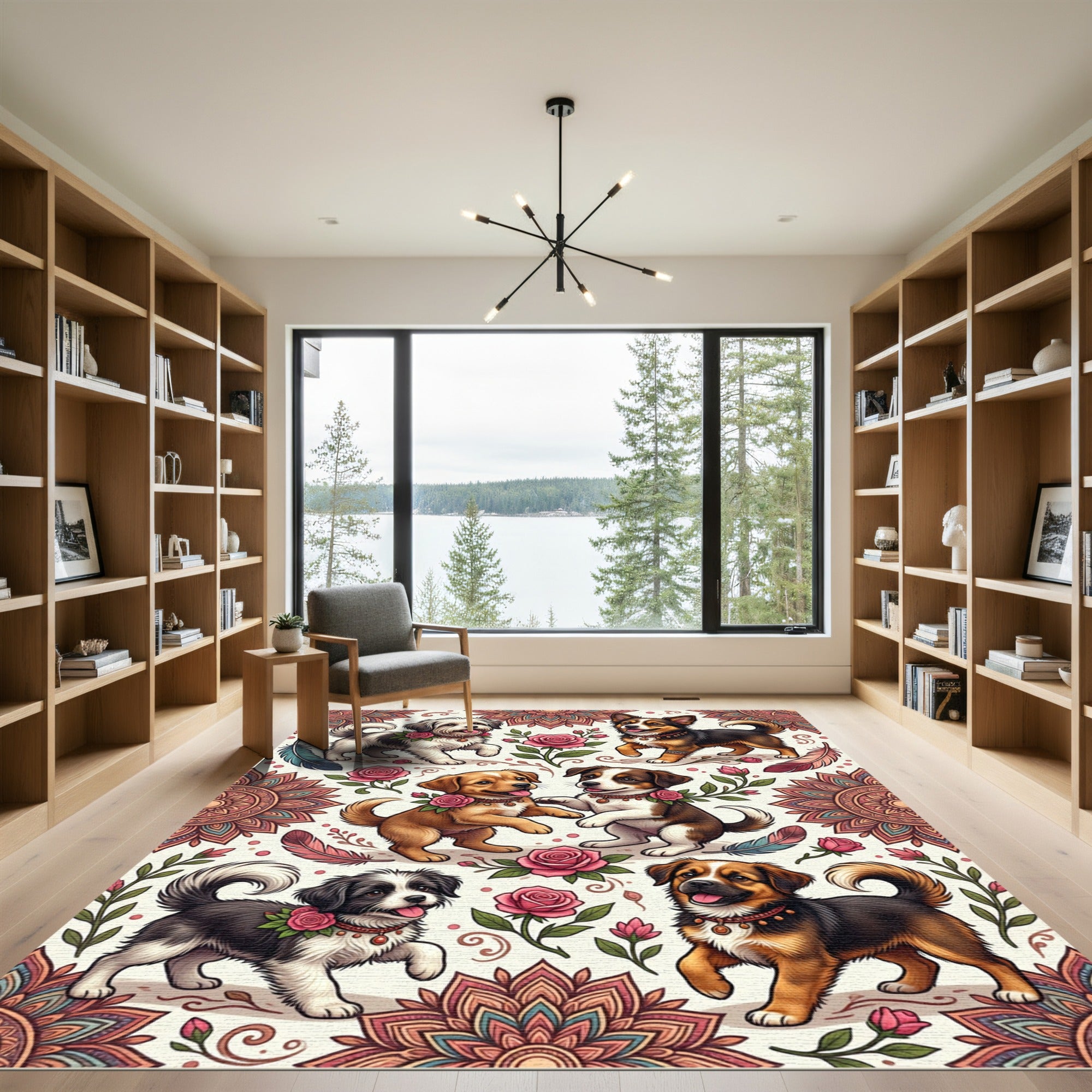 Whimsical Boho Puppy Floral Medallion Illustration Rug