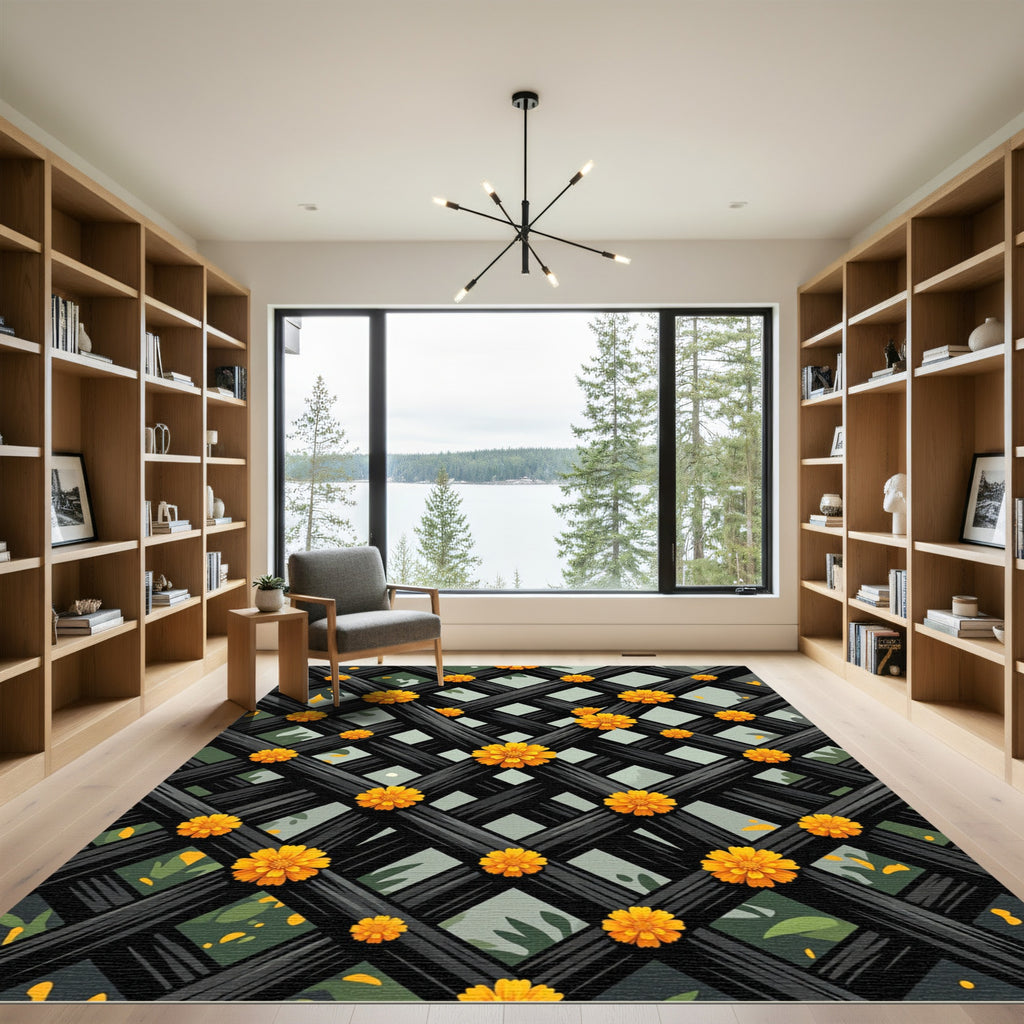 Black Lattice Orange Blossom Garden Rug