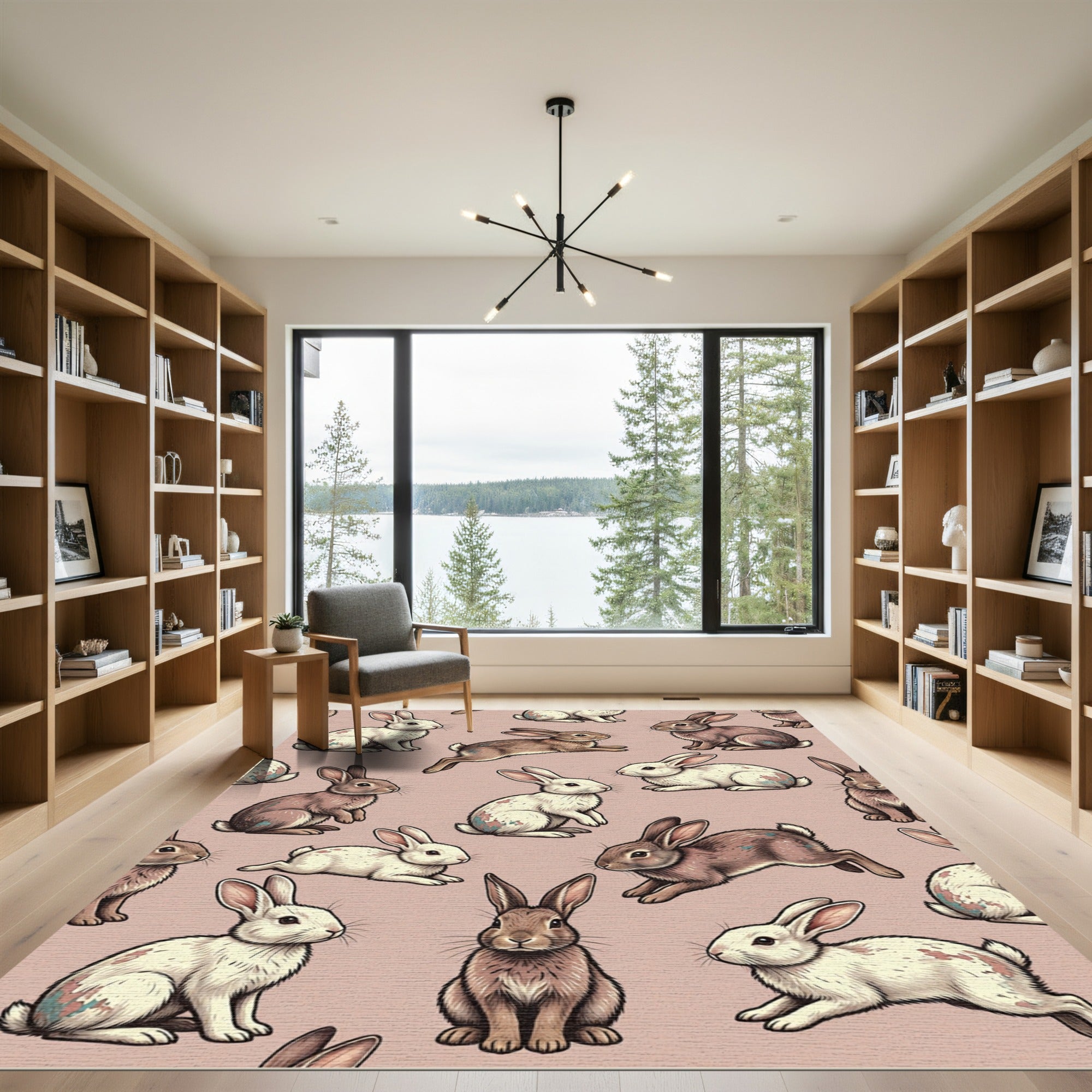 Whimsical Dusty Pink Rabbit Meadow Rug