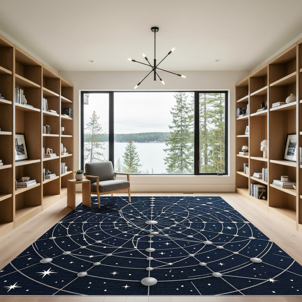 Celestial Navy Silver Geometric Star Map Rug