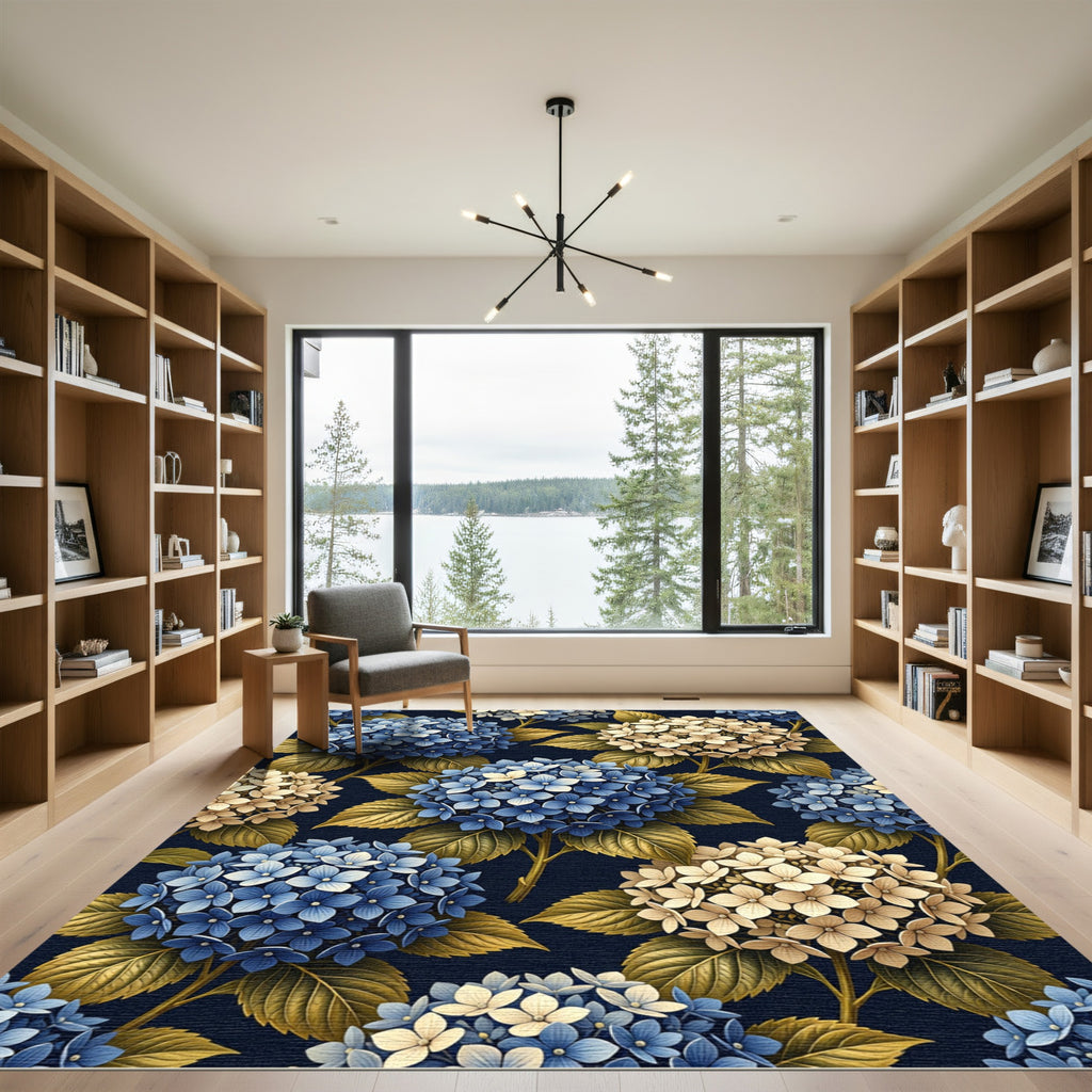 Golden Hydrangea Blossom on Navy Blue Rug
