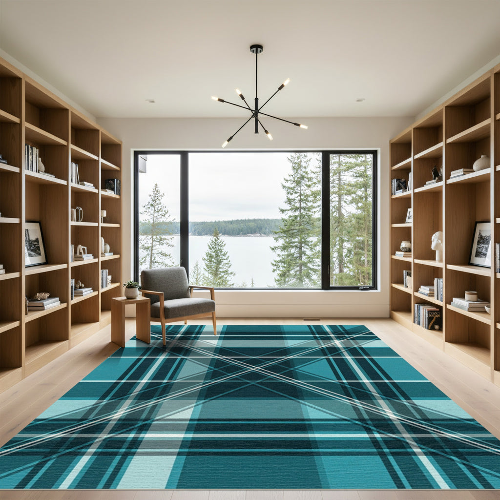 Oceanic Teal Plaid Lines Rug