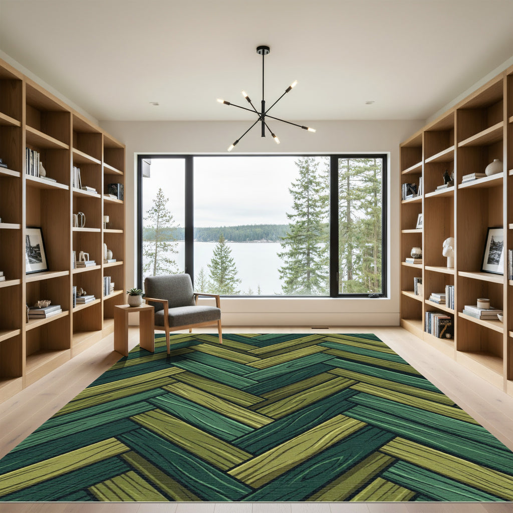 Green Wood Plank Herringbone Rug