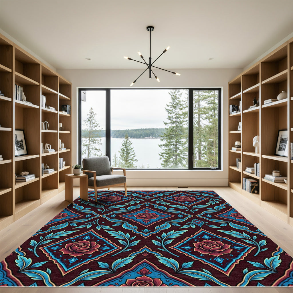 Burgundy Red Rose Medallion Foliage Rug