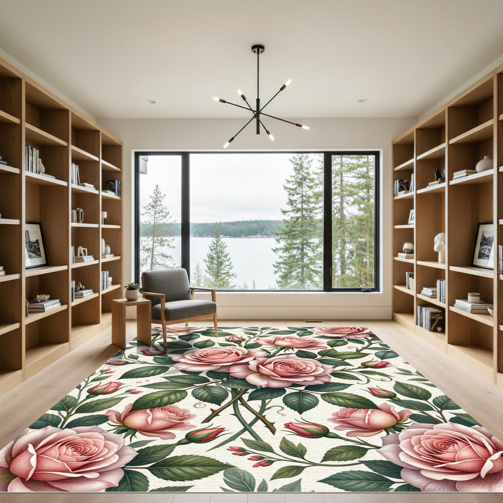 Elegant Blush Pink Rose Botanical Rug