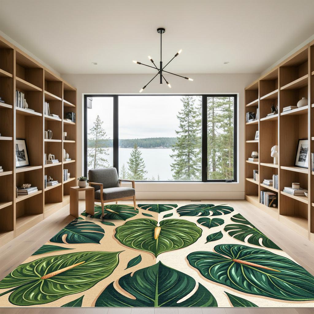 Lush Verdant Tropical Botanical Foliage Rug