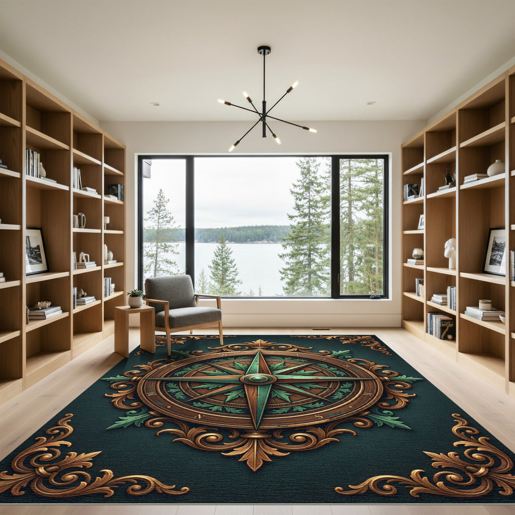 Ornate Golden Compass Medallion Area Rug