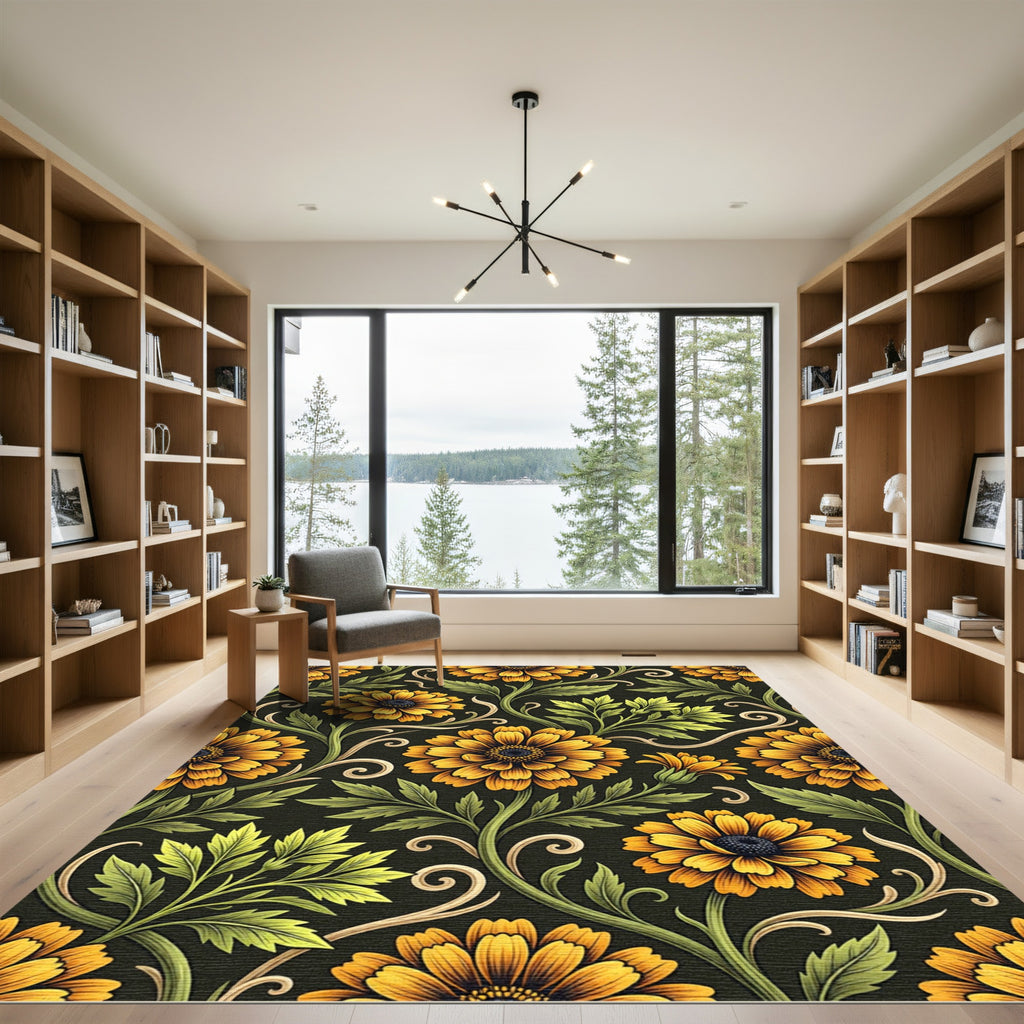 Golden Marigold Floral Scroll Black Rug
