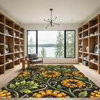 Golden Marigold Floral Scroll Black Rug