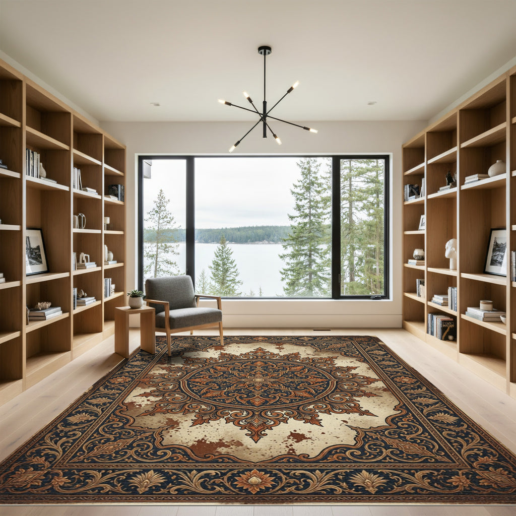 Ornate Indigo Floral Medallion Rug