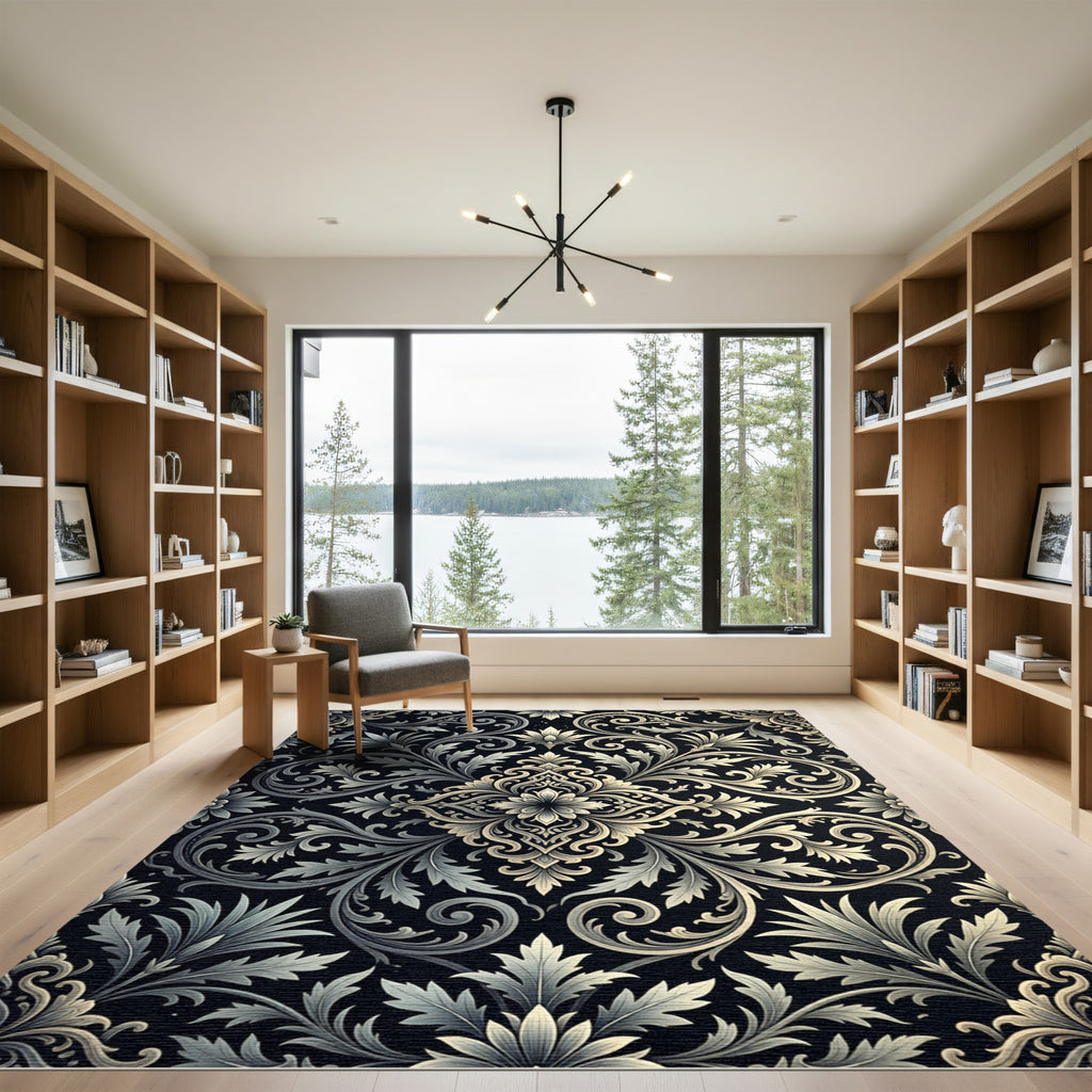 Ornate Black Floral Scroll Rug