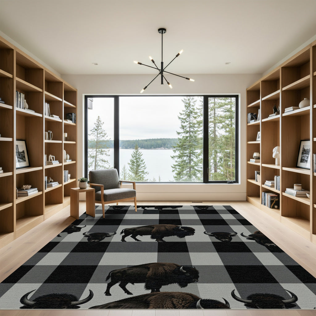 Rustic Gray Plaid Bison Graphic Rug