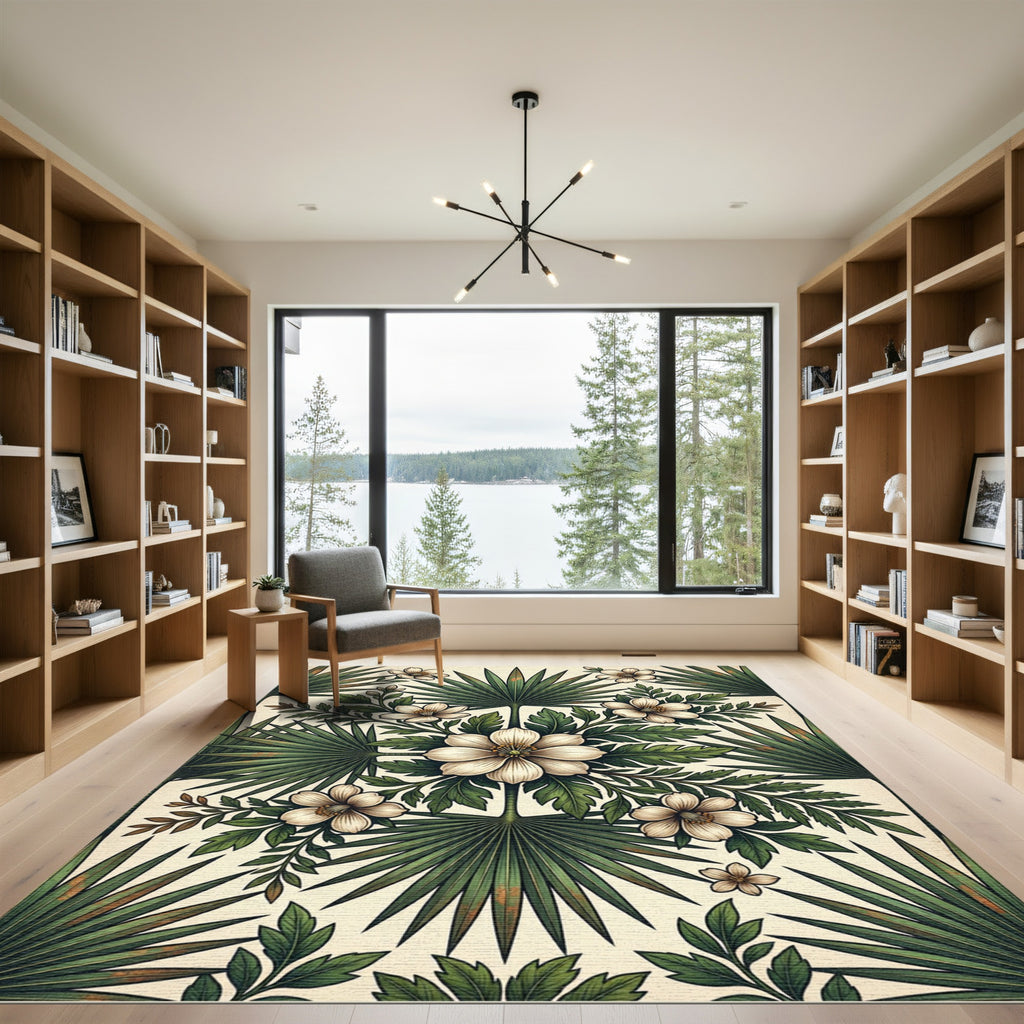 Tropical Cream and Green Palm Foliage Rug