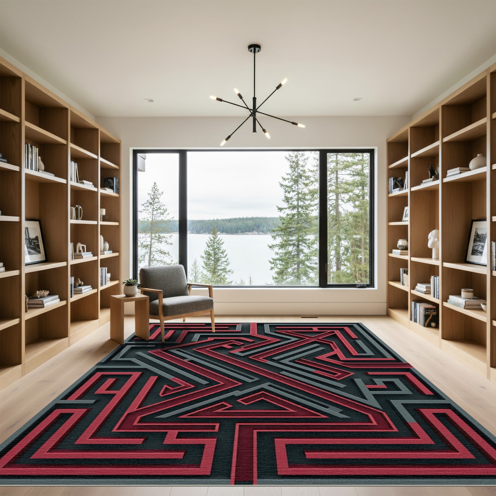 Modern Crimson and Charcoal Geometric Labyrinth Rug