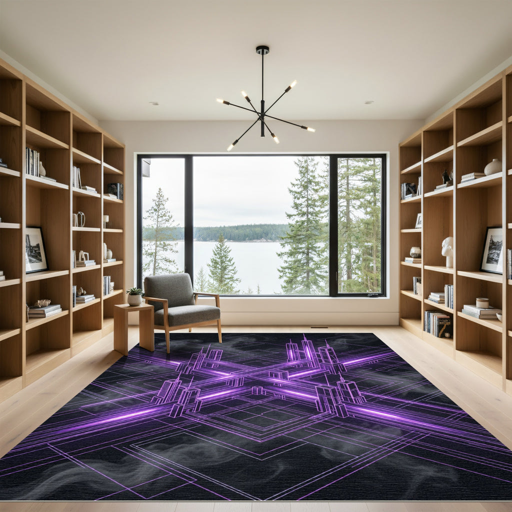 Neon Purple Cyber Geometric Grid Rug