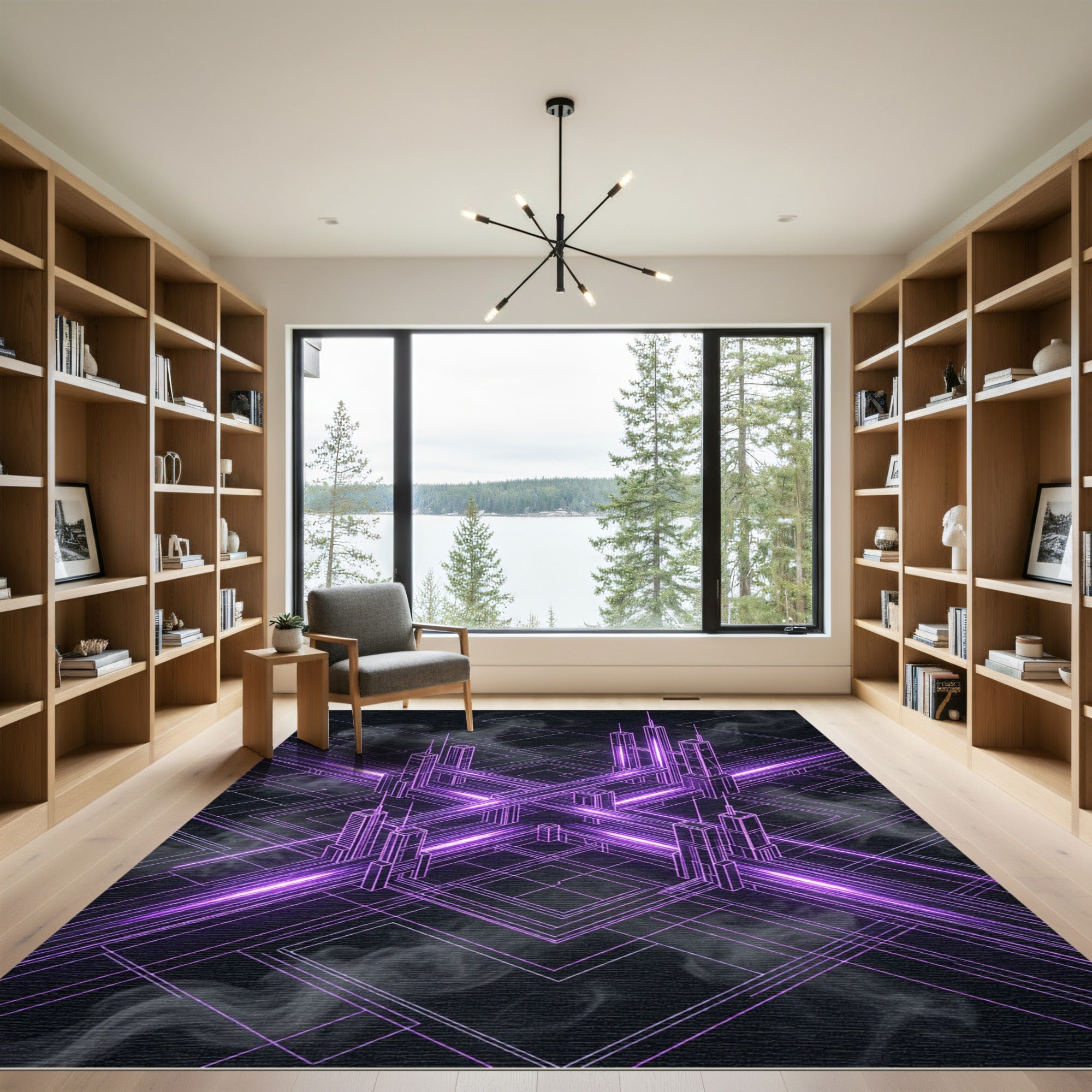 Neon Purple Cyber Geometric Grid Rug