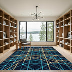 Geometric Neon Blue and Gold Grid Rug