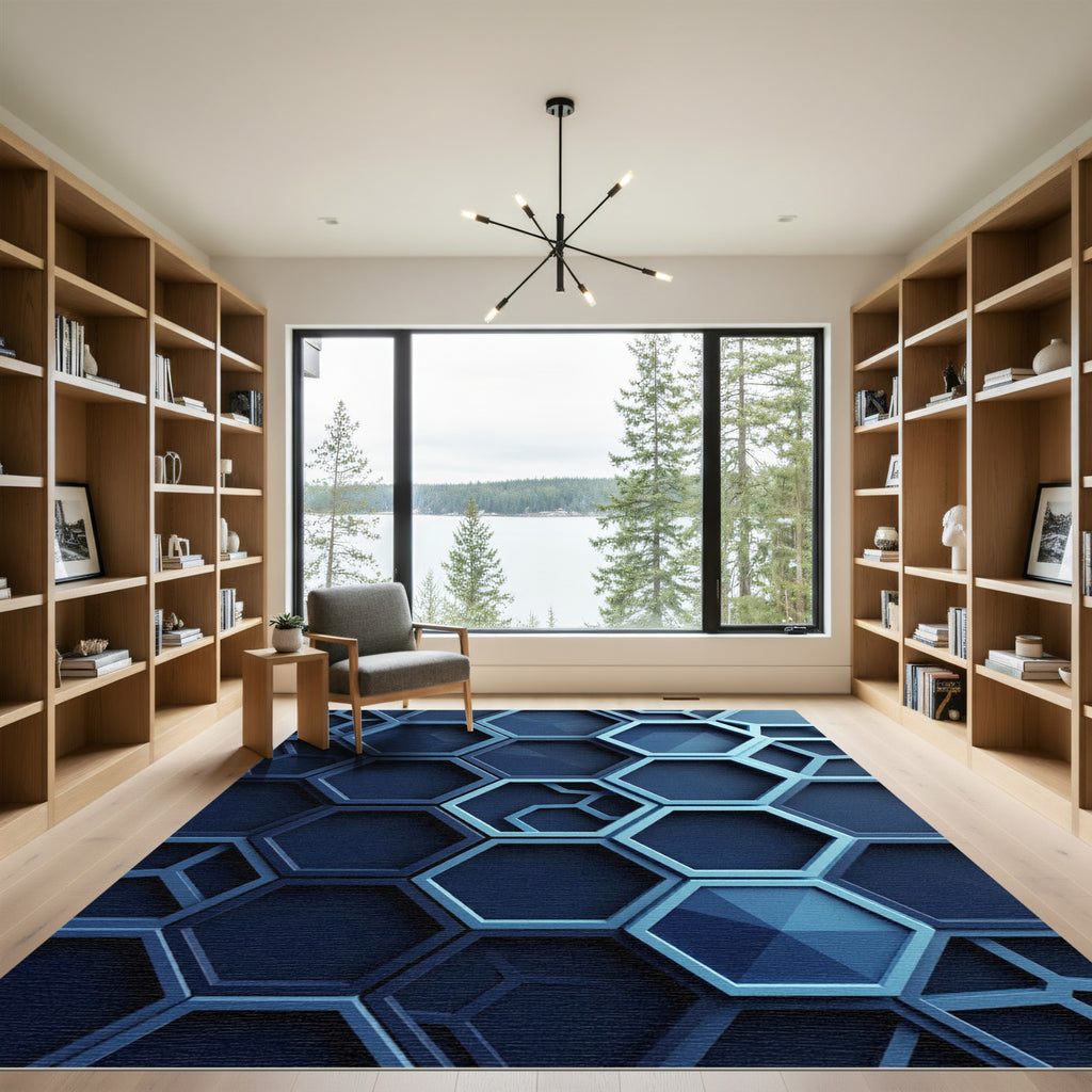 Sleek Navy Geometric Hexagon Relief Rug